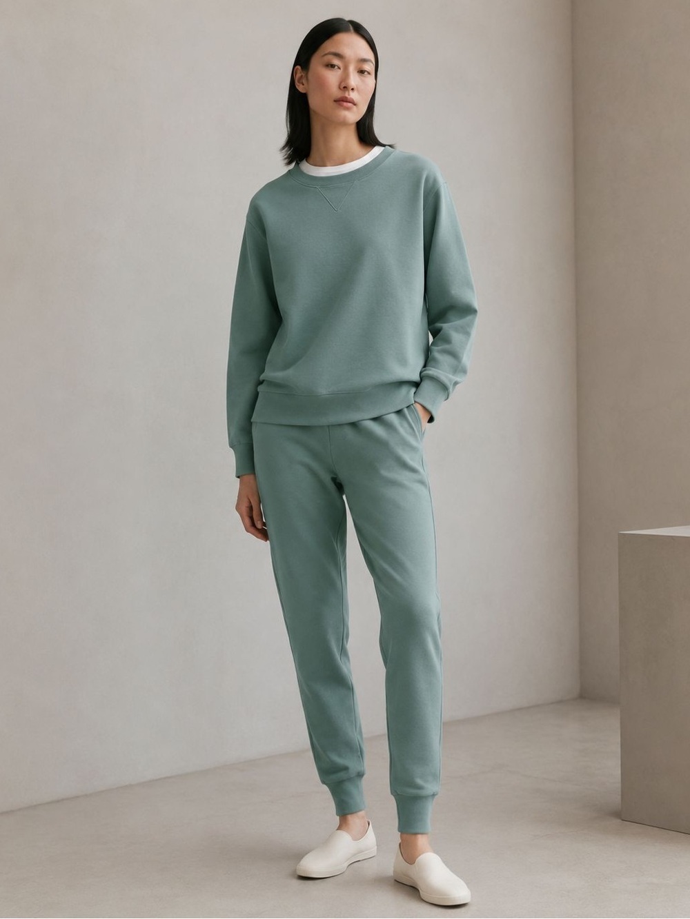 COS Matching Sweatshirt & Jogger Set – M/L, Faded Sage Green, Cotton, Loungewear
